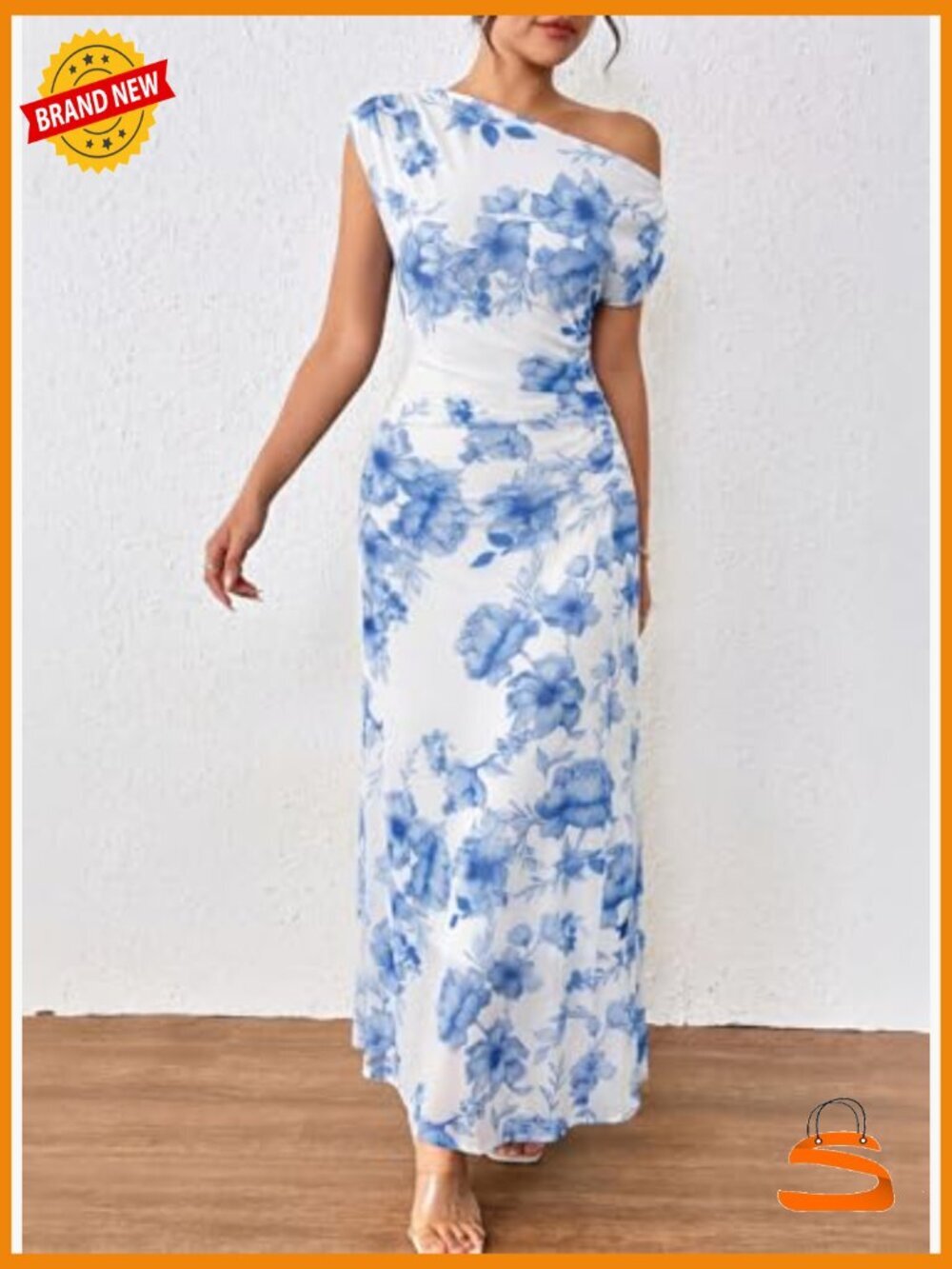 Elegant Off Shoulder Floral Maxi Dress Ruched Bodycon Wedding Guest Gown - Picture 4 of 7